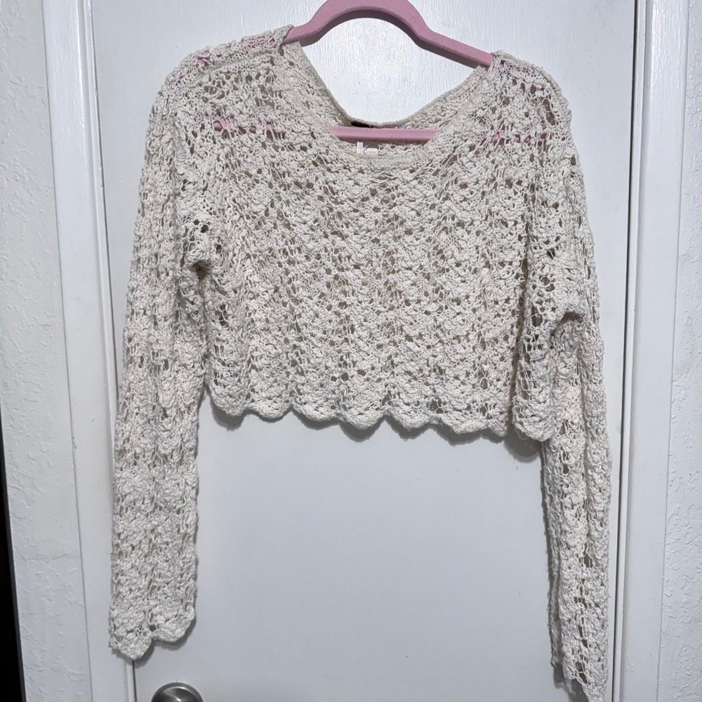 Free People Ivory Open Knit Cropped Sweater Scalloped Hem Cream Medium